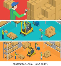 Warehouse banners flat isometric vector illustration. Boxes and barrels loading to stacks by workers using forklift. Scanning of bar code. 