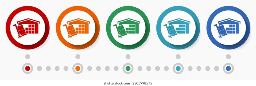 Warehouse and barrow, store concept vector icon set, infographic template, flat design colorful web buttons in 5 color options