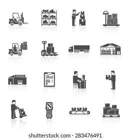 Warehouse black icons set with forklift cart pallet isolated vector illustration