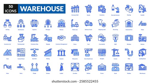 Warehouse blue icon collection set. Includes storage, logistics, inventory, shipping, pallet, forklift, supply, distribution, crate, loading, goods, container, packaging, shelves, depot