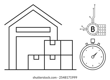 Depósito com caixas, símbolo Bitcoin conectado a circuitos, e um cronômetro. Ideal para logística moderna, comércio eletrônico, integração de blockchain, moedas digitais e gerenciamento de tempo no inventário