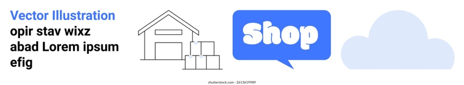 Warehouse with boxes, blue chat bubble with Shop text, and cloud graphic. Ideal for e-commerce, online shopping, digital storage, retail management, logistics. Banner for landing page