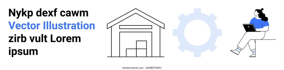 Warehouse with boxes, blue gear, person with laptop, black text, and blue highlight. Ideal for technology, logistics, work environments, automation, e-commerce, digital tools, remote work. Landing