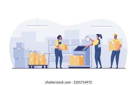 warehouse with boxes and employees managing goods. Weigh the box, worker Check inventories. Inventory stock and warehouse shelves for product storage.