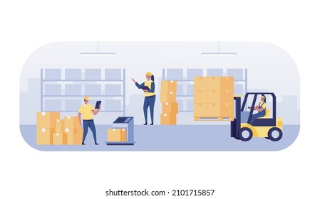 Warehouse With Boxes And Employees Managing Goods. Inventory Stock And Warehouse Shelves For Product Storage.