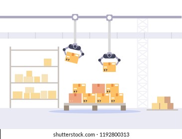 Almacén con ilustraciones vectoriales planas de cajas. Concepto de embalaje y tienda de fábrica.