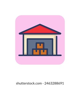 Almacén con icono de línea de cajas. Parcela, cartón, señal de contorno de edificio. Concepto de merchandising y almacenamiento. Ilustración vectorial, elemento simbólico para Diseño web y App