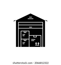 Lagerhaus mit Kästchen с Farbzeilensymbol. Piktogramm für Webseiten, mobile App, Promo. UI UX GUI Design Element. Bearbeitbarer Strich.