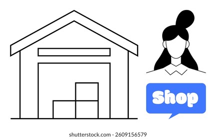 A warehouse with boxes next to the side profile of a woman and a blue speech bubble with the word shop. Ideal for e-commerce, online retail, inventory management, logistics, delivery services. Simple
