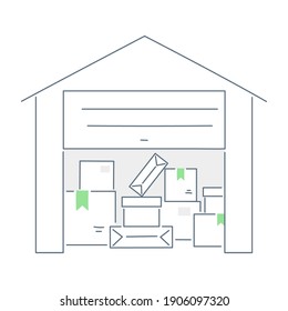 El almacén con cajas y paquetes, entrega de suministros. Almacenamiento logístico, preparación para el transporte, productos para la entrega. Ilustración vectorial de línea plana sobre blanco.