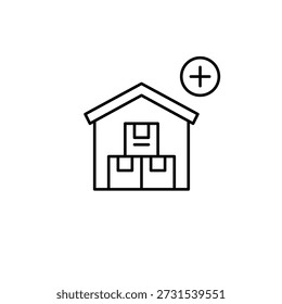 Almacén con cajas y símbolo plus. Entrega y envío. Icono de Vector de trazo perfecto y editable