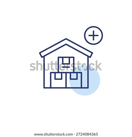 Warehouse with boxes and plus symbol. Delivery and shipment. Pixel perfect, editable stroke vector icon