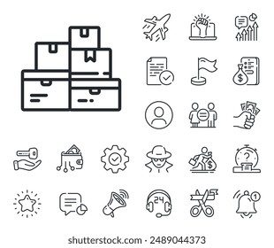 Warehouse boxes sign. Salaryman, gender equality and alert bell outline icons. Wholesale goods line icon. Logistic inventory symbol. Wholesale goods line sign. Spy or profile placeholder icon. Vector