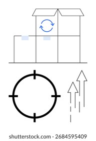Lagerboxen mit einem Recyclingsymbol, einem Fokuszielsymbol und zwei Aufwärtspfeilen gestapelt. Ideal für Logistik, Recycling, Versand, Supply Chain, Warehousing, Zielmanagement und Unternehmenswachstum