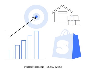 Warehouse with boxes, a target with an arrow, a bar graph, and a shopping bag create a cohesive image about business growth. Ideal for e-commerce, logistics, marketing, sales strategies, and business