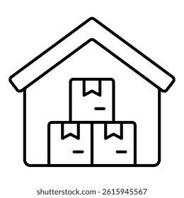 Warehouse with boxes thin line icon, delivery concept. Vector graphics. Storage building and product box sign on white background, linear style for mobile or design