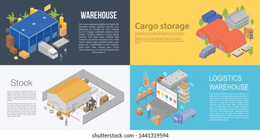 Warehouse building banner set. Isometric set of warehouse building vector banner for web design