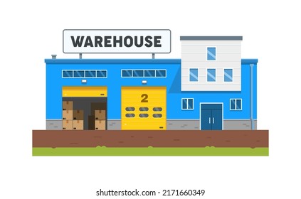 The warehouse building is blue. Industrial building. Logistics and delivery. Flat vector illustration isolated on white background