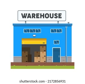 The warehouse building is blue and small. Industrial building. Logistics and delivery. Flat vector illustration isolated on white background