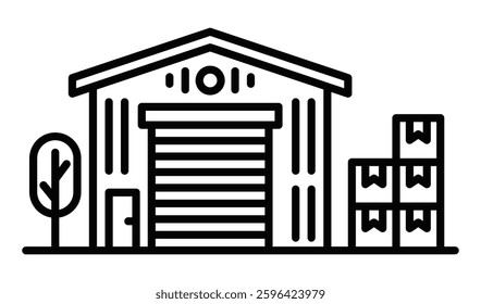 Warehouse building with boxes icon, outline vector. Editable stroke.