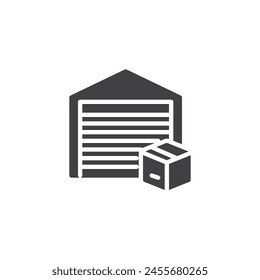 Warehouse building and cardboard box vector icon. filled flat sign for mobile concept and web design. Warehouse and box glyph icon. Delivery service symbol, logo illustration. Vector graphics