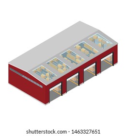 Warehouse building cargo transporting process,  Logistic concept. Industrial construction and factory storage vector icons. 