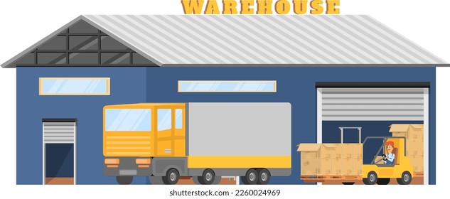 Warehouse building with cars and workers. Industrial storage