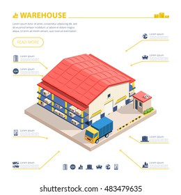  Warehouse building design with truck boxes and gates isometric vector illustration 