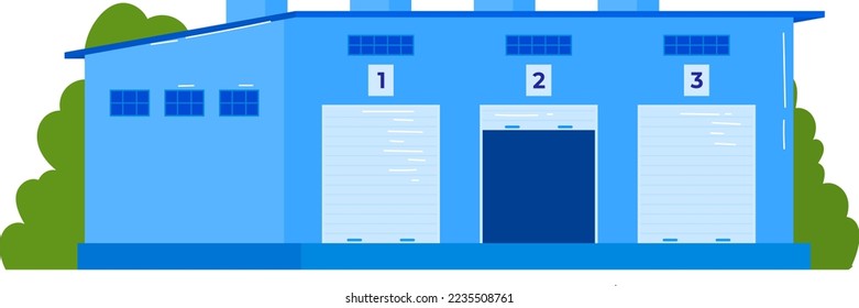 Warehouse building design, vector illustration. Outdoors storage for business cargo transportation, flat delivery industry.
