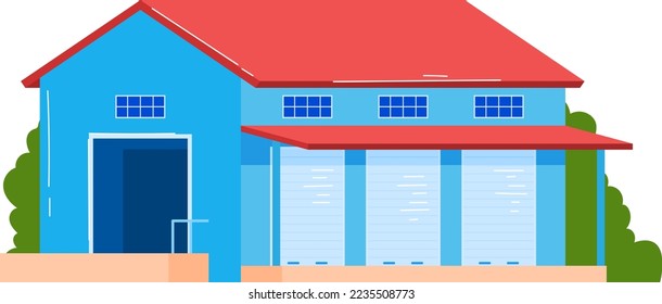 Warehouse building design, vector illustration. Outdoors storage for business cargo transportation, flat delivery industry.