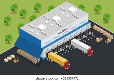 Warehouse Building Exterior. Flat 3d Isometric Illustration. For Infographics And Design 