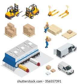 Warehouse building,  exterior. Logistics, Freight, Cargo Transportation. Storage of goods.  Vector 3d isometric illustration