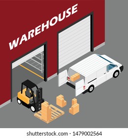 Warehouse building facade cargo transporting process, delivery lorry. Logistic concept. Industrial construction and factory storage 