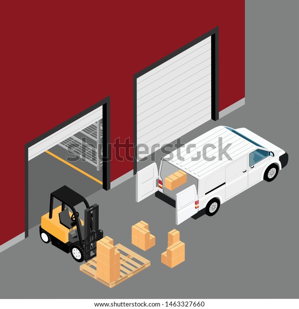 Warehouse building facade cargo transporting process,
delivery lorry. Logistic concept. Industrial construction and
factory storage 