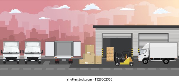 Warehouse building facade, truck and Forklift truck on cityscape background. Vector illustration.