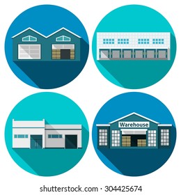 Warehouse building flat long shadow icons set isolated vector illustration