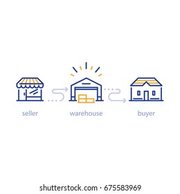 Warehouse Building With Forklift Truck, Storage Services, Distribution Center, Vector Line Icons