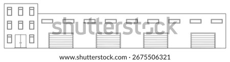 Warehouse building front view graphic black white long isolated sketch illustration vector 