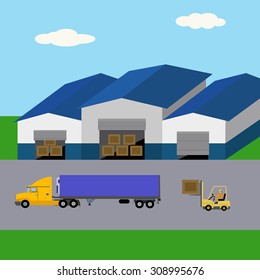 Warehouse building, goods storage, forklift loading truck vector illustration