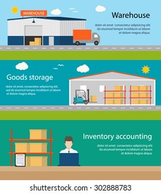 Warehouse building, goods storage, inventory accounting horizontal banners set, vector illustration.