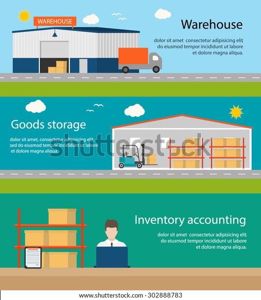 Warehouse building, goods\
storage, inventory accounting horizontal banners set, vector\
illustration.