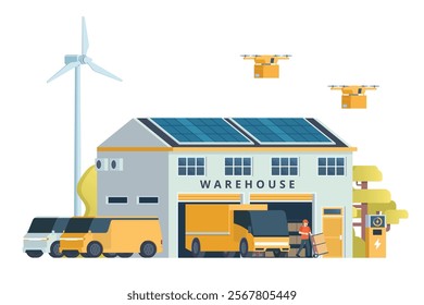 Warehouse Building with Green Sustainable Concept, Packed with Logistic Elements like Delivery Truck, Drones, and Electric Cars. Editable Vector Element on White Background