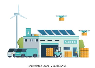 Warehouse Building with Green Sustainable Concept, Packed with Logistic Elements like Delivery Truck, Drones, and Electric Cars. Editable Vector Element on White Background
