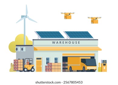 Warehouse Building with Green Sustainable Concept, Packed with Logistic Elements like Delivery Truck, Drones, and Electric Cars. Editable Vector Element on White Background