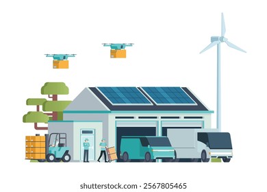 Warehouse Building with Green Sustainable Concept, Packed with Logistic Elements like Delivery Truck, Drones, and Electric Cars. Editable Vector Element on White Background