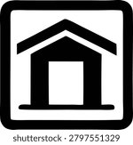 Warehouse building icon vector illustration inside square frame. Simple black symbol representing industrial storage logistic depot distribution facility architecture signage design.