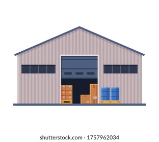 Warehouse Building, Industrial Construction Flat Style Vector Illustration on White Background