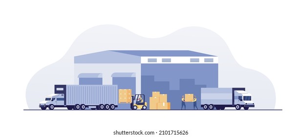 Warehouse building, industrial warehouse,  industrial, factory storage.  forklift, truck and rack with boxes. Warehouse Management, Logistic Management. vector illustration