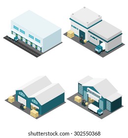 Warehouse Building Isometric Icons Set With Truck Boxes And Road Isolated Vector Illustration 