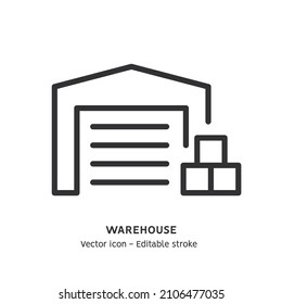 Warehouse building line icon. Warehouse exterior, global logistic industry, delivery service flat outline icon. Editable stroke